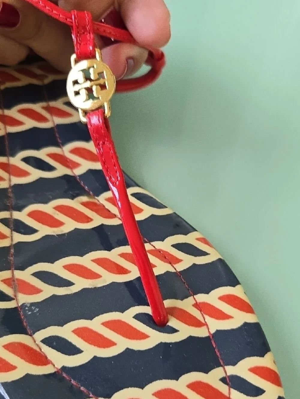 Tory Burch Red Patent T-Strap Sandals with Navy & Cream Rope Print